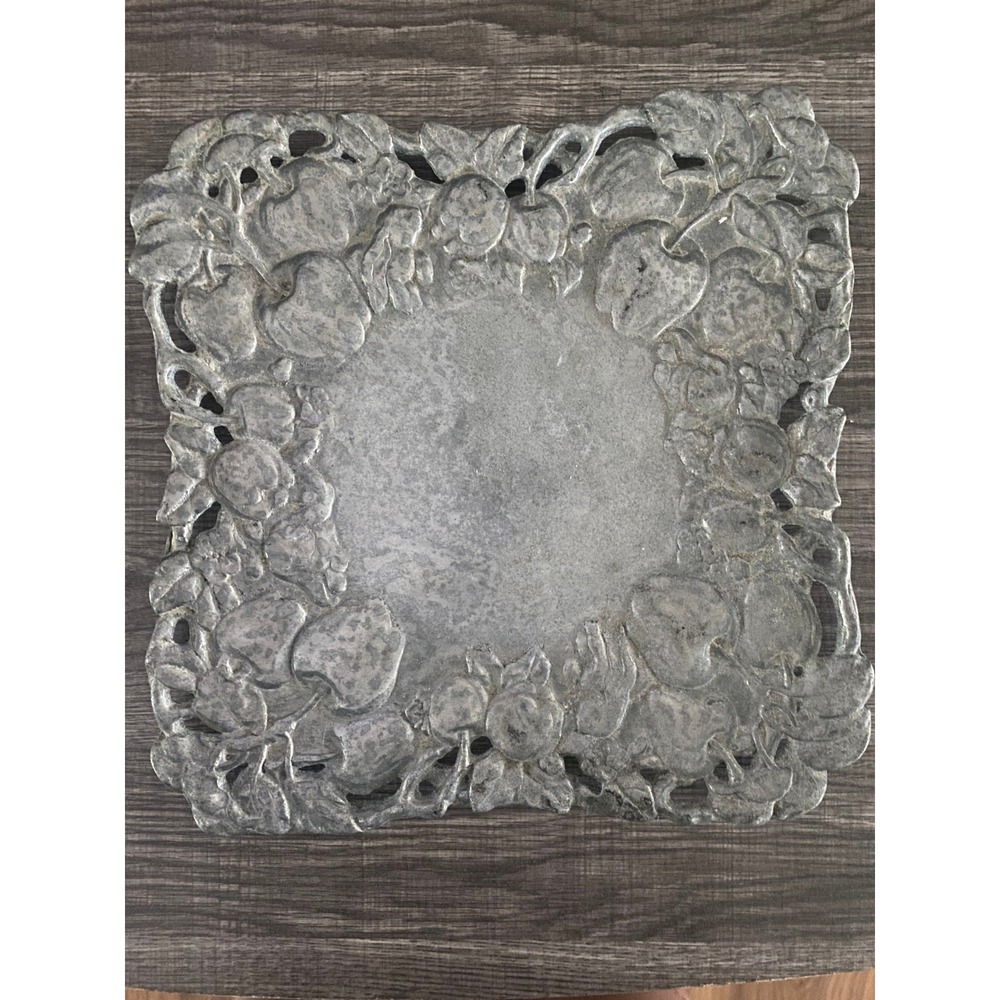 Silver Tone Fruit Border Serving Tray 11" Square Openwork Apple Grape Decor